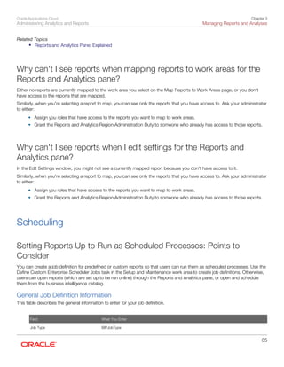 Oracle Applications Cloud
Administering Analytics and Reports
Chapter 3
Managing Reports and Analyses
35
Related Topics
• Reports and Analytics Pane: Explained
Why can't I see reports when mapping reports to work areas for the
Reports and Analytics pane?
Either no reports are currently mapped to the work area you select on the Map Reports to Work Areas page, or you don't
have access to the reports that are mapped.
Similarly, when you're selecting a report to map, you can see only the reports that you have access to. Ask your administrator
to either:
• Assign you roles that have access to the reports you want to map to work areas.
• Grant the Reports and Analytics Region Administration Duty to someone who already has access to those reports.
Why can't I see reports when I edit settings for the Reports and
Analytics pane?
In the Edit Settings window, you might not see a currently mapped report because you don't have access to it.
Similarly, when you're selecting a report to map, you can see only the reports that you have access to. Ask your administrator
to either:
• Assign you roles that have access to the reports you want to map to work areas.
• Grant the Reports and Analytics Region Administration Duty to someone who already has access to those reports.
Scheduling
Setting Reports Up to Run as Scheduled Processes: Points to
Consider
You can create a job definition for predefined or custom reports so that users can run them as scheduled processes. Use the
Define Custom Enterprise Scheduler Jobs task in the Setup and Maintenance work area to create job definitions. Otherwise,
users can open reports (which are set up to be run online) through the Reports and Analytics pane, or open and schedule
them from the business intelligence catalog.
General Job Definition Information
This table describes the general information to enter for your job definition.
Field What You Enter
Job Type BIPJobType
 