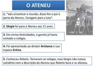 O ATENEU
1. “Vais encontrar o mundo, disse-lhe o pai à
porta do Ateneu. Coragem para a luta”.
2. Sérgio foi para o Ateneu aos 11 anos.
3. Em certas festividades, o garoto já havia
visitado o colégio.
4. Foi apresentado ao diretor Aristarco e sua
esposa D.Ema.
5. Conheceu Rebelo. Tornaram-se colegas, mas Sérgio não estava
satisfeito com a descrição do Ateneu que Rebelo fazia e se afastou.
 