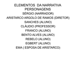 ELEMENTOS DA NARRATIVA
         PERSONAGENS
         SÉRGIO (NARRADOR)
ARISTARCO ARGOLO DE RAMOS (DIRETOR)
           SANCHES (ALUNO)
        CLÁUDIO (PROFESSOR)
           FRANCO (ALUNO)
        BENTO ALVES (ALUNO)
            REBELO (ALUNO)
            EGBERT (ALUNO)
     EMA ( ESPOSA DE ARISTARCO)
 