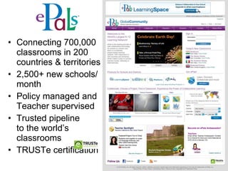 Connecting 700,000 classrooms in 200 countries & territories 2,500+ new schools/month Policy managed and Teacher supervised Trusted pipeline  to the world’s classrooms TRUSTe certification 