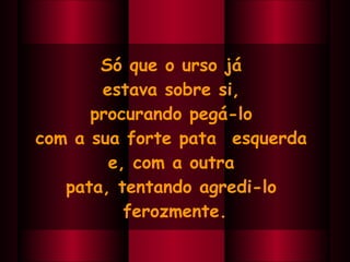 Só que o urso já  estava sobre si,  procurando pegá-lo  com a sua forte pata  esquerda  e, com a outra  pata, tentando agredi-lo  ferozmente. 
