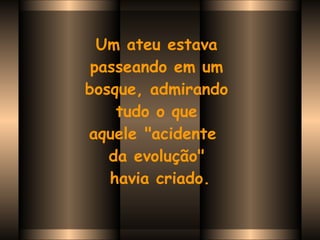 Um ateu estava  passeando em um  bosque, admirando  tudo o que  aquele "acidente   da evolução"  havia criado. 