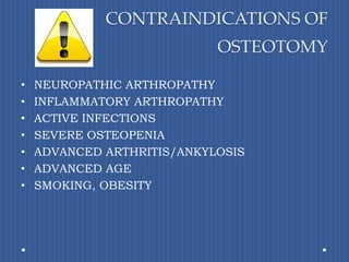CONTRAINDICATIONS OF OSTEOTOMYNEUROPATHIC ARTHROPATHYINFLAMMATORY ARTHROPATHYACTIVE INFECTIONSSEVERE OSTEOPENIAADVANCED ARTHRITIS/ANKYLOSISADVANCED AGESMOKING, OBESITY