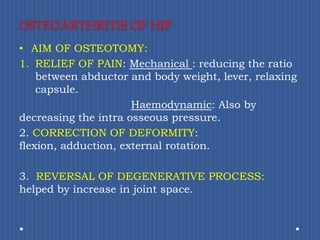 OSTEOARTHRITIS OF HIPAIM OF OSTEOTOMY:RELIEF OF PAIN: Mechanical :reducing the ratio between abductor and body weight, lever, relaxing capsule.Haemodynamic: Also by decreasing the intra osseous pressure.2. CORRECTION OF DEFORMITY: flexion, adduction, external rotation.3.  REVERSAL OF DEGENERATIVE PROCESS: helped by increase in joint space.