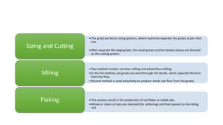 •The groat are fed to sizing systems, where machines separate the groats as per their
size.
•After separate the large groats, the small groats and the broken pieces are directed
to the cutting system.
Sizing and Cutting
•Two method involve: oat bran milling and whole flour milling.
•In the fist method, oat groats are send through roll stands, which separate the bran
from the flour.
•Second method is used exclusively to produce whole oat flour from the groats.
Miling
•This process result in the production of oat flakes or rolled oats.
•Whole or steel cut oats are steamed (for softening) and then passed to the rolling
mill
Flaking
 