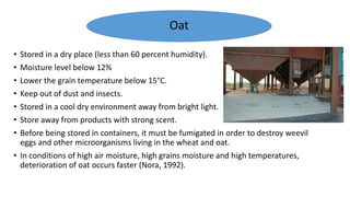 Wheat and oat
• Stored in a dry place (less than 60 percent humidity).
• Moisture level below 12%
• Lower the grain temperature below 15°C.
• Keep out of dust and insects.
• Stored in a cool dry environment away from bright light.
• Store away from products with strong scent.
• Before being stored in containers, it must be fumigated in order to destroy weevil
eggs and other microorganisms living in the wheat and oat.
• In conditions of high air moisture, high grains moisture and high temperatures,
deterioration of oat occurs faster (Nora, 1992).
Oat
 