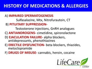 HISTORY OF MEDICATIONS & ALLERGIES 
A) IMPAIRED SPERMATOGENESIS 
Sulfasalazine, Mtx, Nitrofurautoin, CT 
B) PITUITARY SUPPRESSION-Testosterone 
injections, GnRH analogues 
C) ANTIANDROGENS- cimetidine, spironolactone 
D) EJACULATION FAILURE- alpha blockers, 
antidepressants, phenothiazines 
E) ERECTILE DYSFUNCTION- beta blockers, thiazides, 
metoclopramide 
F) DRUGS OF MISUSE- cannabis, heroin, cocaine 
 