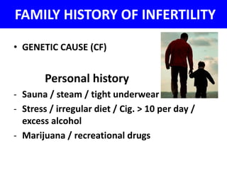 FAMILY HISTORY OF INFERTILITY 
• GENETIC CAUSE (CF) 
Personal history 
- Sauna / steam / tight underwear 
- Stress / irregular diet / Cig. > 10 per day / 
excess alcohol 
- Marijuana / recreational drugs 
 