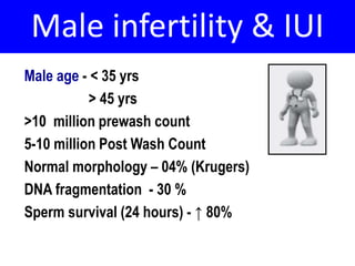 Male infertility & IUI 
Male age - < 35 yrs 
> 45 yrs 
>10 million prewash count 
5-10 million Post Wash Count 
Normal morphology – 04% (Krugers) 
DNA fragmentation - 30 % 
Sperm survival (24 hours) - ↑ 80% 
 