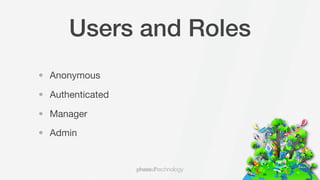 Users and Roles
• Anonymous

• Authenticated

• Manager

• Admin
 