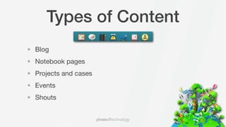 Types of Content
• Blog
• Notebook pages
• Projects and cases
• Events
• Shouts
 
