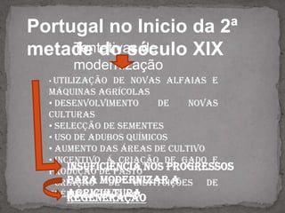 Portugal  na Primeira metade do século XIXImpedimentos á modernização da AgriculturaInstabilidade PoliticaCrise económicaAgricultura de subsistência 
