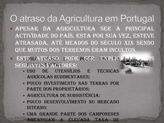 O atraso da Agricultura em PortugalApesar da agricultura ser a principal actividade do país, esta por sua vez, esteve atrasada, até meados do século XIX sendo que muitos dos terrenos eram incultos.