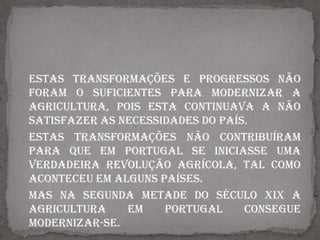 Na segunda metade do século XIX os governos liberais começam a tomar medidas, para que a agricultura pudesse desenvolver-se bem:Utilização de novas máquinas , como ceifeiras e debulhadoras;Uso de novos instrumentos agrícolas;Desaparecimento das áreas feudais;Alargamento das áreas agrícolas;Aplicação de adubos químicos e selecção de sementes;Incentivo à criação de gado e produção de forragens;Criação de instituições de crédito agrícola.As transformações agrícolas