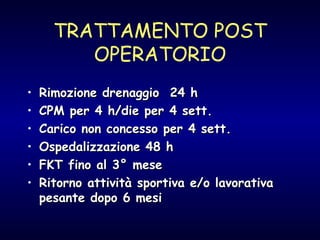 TRATTAMENTO POST OPERATORIO Rimozione drenaggio  24 h CPM per 4 h/die per 4 sett. Carico non concesso per 4 sett. Ospedalizzazione 48 h FKT fino al 3° mese Ritorno attività sportiva e/o lavorativa pesante dopo 6 mesi 