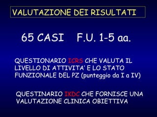 VALUTAZIONE DEI RISULTATI 65 CASI  F.U. 1-5 aa.  QUESTIONARIO  ICRS  CHE VALUTA IL LIVELLO DI ATTIVITA’ E LO STATO FUNZIONALE DEL PZ (punteggio da I a IV) QUESTINARIO  IKDC  CHE FORNISCE UNA VALUTAZIONE CLINICA OBIETTIVA 