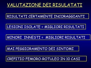 LESIONI ISOLATE = MIGLIORI RISULTATI MINORI  INNESTI =  MIGLIORI RISULTATI MAI PEGGIORAMENTO DEI SINTOMI CREPITIO FEMORO-ROTULEO IN 10 CASI VALUTAZIONE DEI RISULATATI RISULTATI CERTAMENTE INCORAGGIANTI 