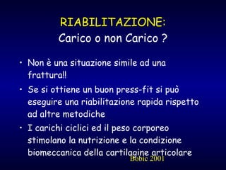 RIABILITAZIONE: Carico o non Carico ? Non è una situazione simile ad una frattura!! Se si ottiene un buon press-fit si può eseguire una riabilitazione rapida rispetto ad altre metodiche I carichi ciclici ed il peso corporeo stimolano la nutrizione e la condizione biomeccanica della cartilagine articolare  Bobic 2001 