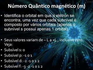 • Identifica o orbital em que o elétron se
encontra, uma vez que cada subnível é
composto por vários orbitais (apenas o
subnível s possui apenas 1 orbital).
• Seus valores variam de – L a +L , inclusive zero.
Veja:
• Subsível s: 0
• Subsível p: -1 0 1
• Subsível d: -2 -1 0 1 2
• Subsível f: -3 -2 -1 0 1 2
Número Quântico magnético (m)
 