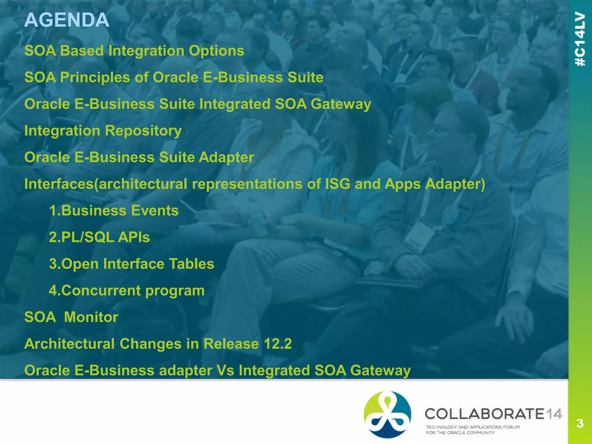 AGENDA
SOA Based Integration Options
SOA Principles of Oracle E-Business Suite
Oracle E-Business Suite Integrated SOA Gateway
Integration Repository
Oracle E-Business Suite Adapter
Interfaces(architectural representations of ISG and Apps Adapter)
1.Business Events
2.PL/SQL APIs
3.Open Interface Tables
4.Concurrent program
SOA Monitor
Architectural Changes in Release 12.2
Oracle E-Business adapter Vs Integrated SOA Gateway
 