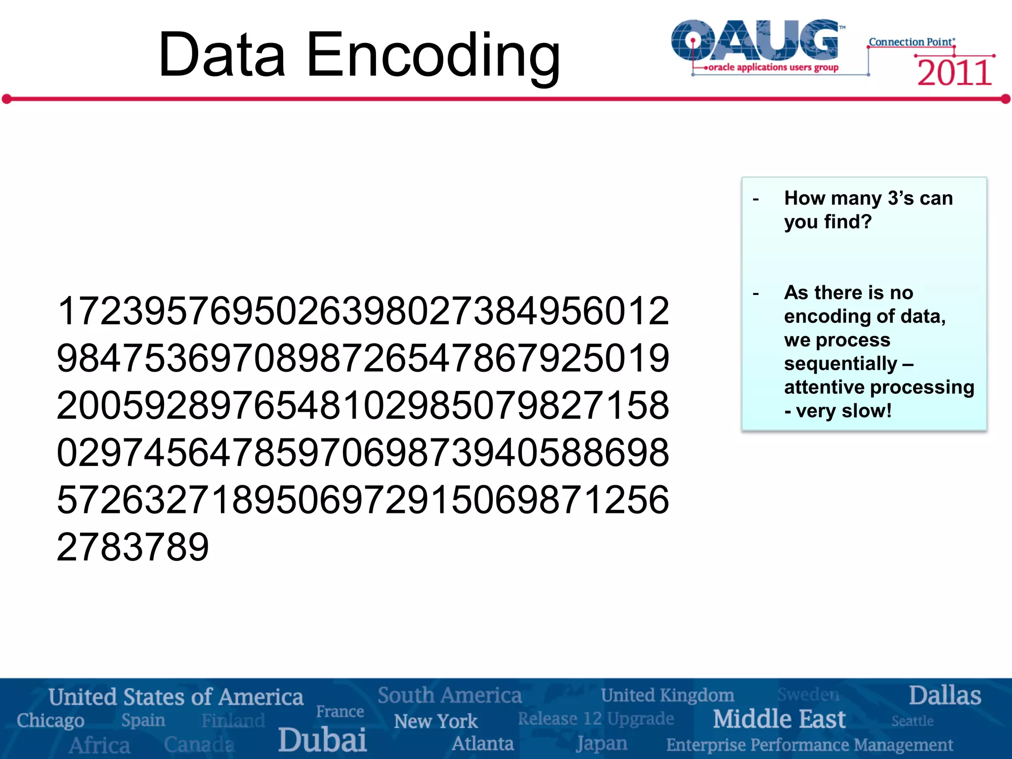 Data Encoding

                               -   How many 3’s can
                                   you find?


                               -   As there is no
1723957695026398027384956012       encoding of data,
                                   we process
9847536970898726547867925019       sequentially –
                                   attentive processing
2005928976548102985079827158       - very slow!

0297456478597069873940588698
5726327189506972915069871256
2783789
 