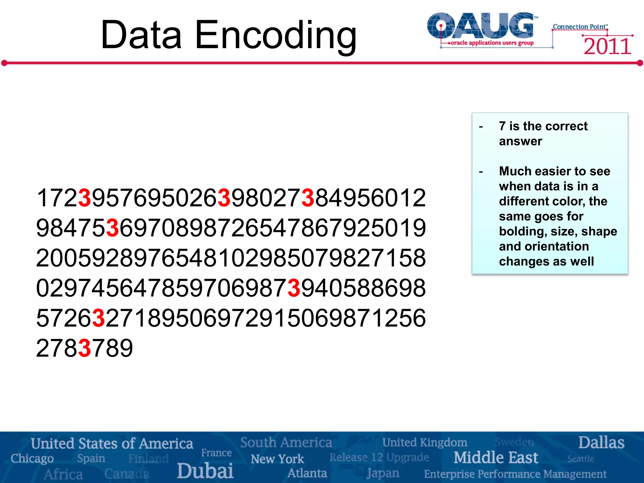 Data Encoding

                               -   7 is the correct
                                   answer

                               -   Much easier to see
                                   when data is in a
1723957695026398027384956012       different color, the
                                   same goes for
9847536970898726547867925019       bolding, size, shape
                                   and orientation
2005928976548102985079827158       changes as well

0297456478597069873940588698
5726327189506972915069871256
2783789
 