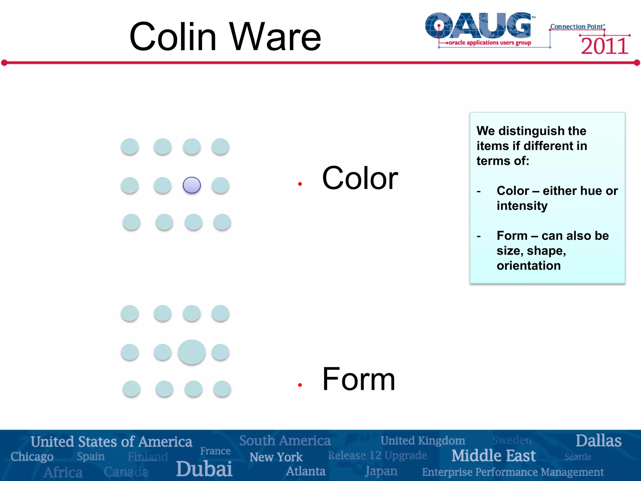 Colin Ware

                    We distinguish the
                    items if different in
                    terms of:
        •   Color   -   Color – either hue or
                        intensity

                    -   Form – can also be
                        size, shape,
                        orientation




        •   Form
 