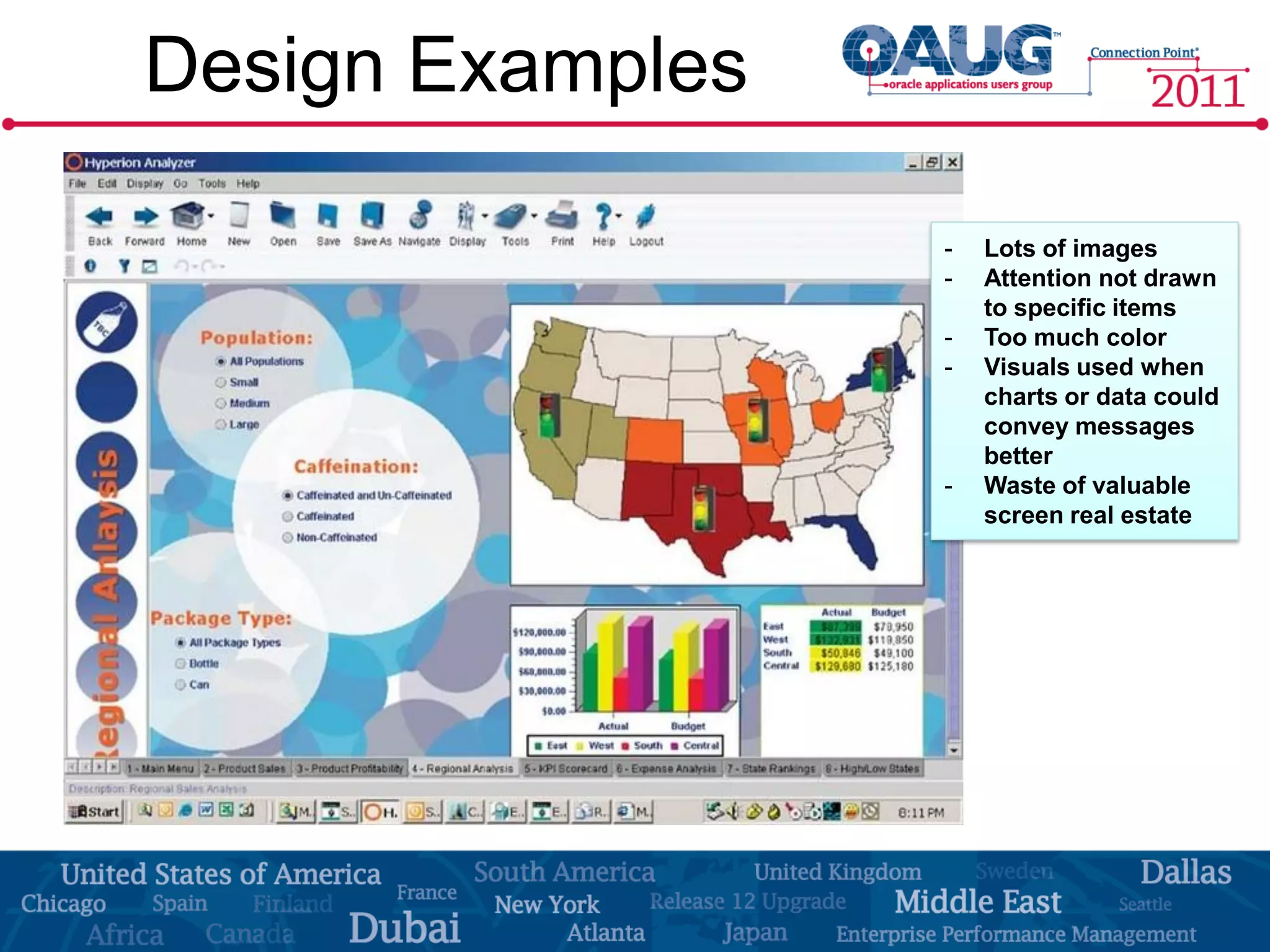 Design Examples

                  -   Lots of images
                  -   Attention not drawn
                      to specific items
                  -   Too much color
                  -   Visuals used when
                      charts or data could
                      convey messages
                      better
                  -   Waste of valuable
                      screen real estate
 