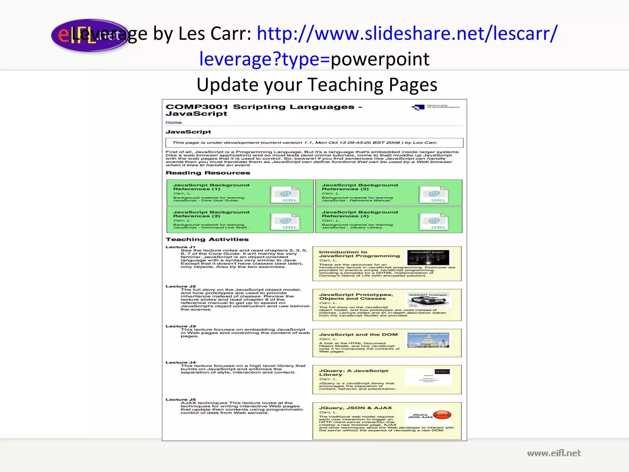 Leverage  by L es  C arr :  http :// www . slideshare . net / lescarr / leverage ? type = powerpoint  Update your Teaching Pages 
