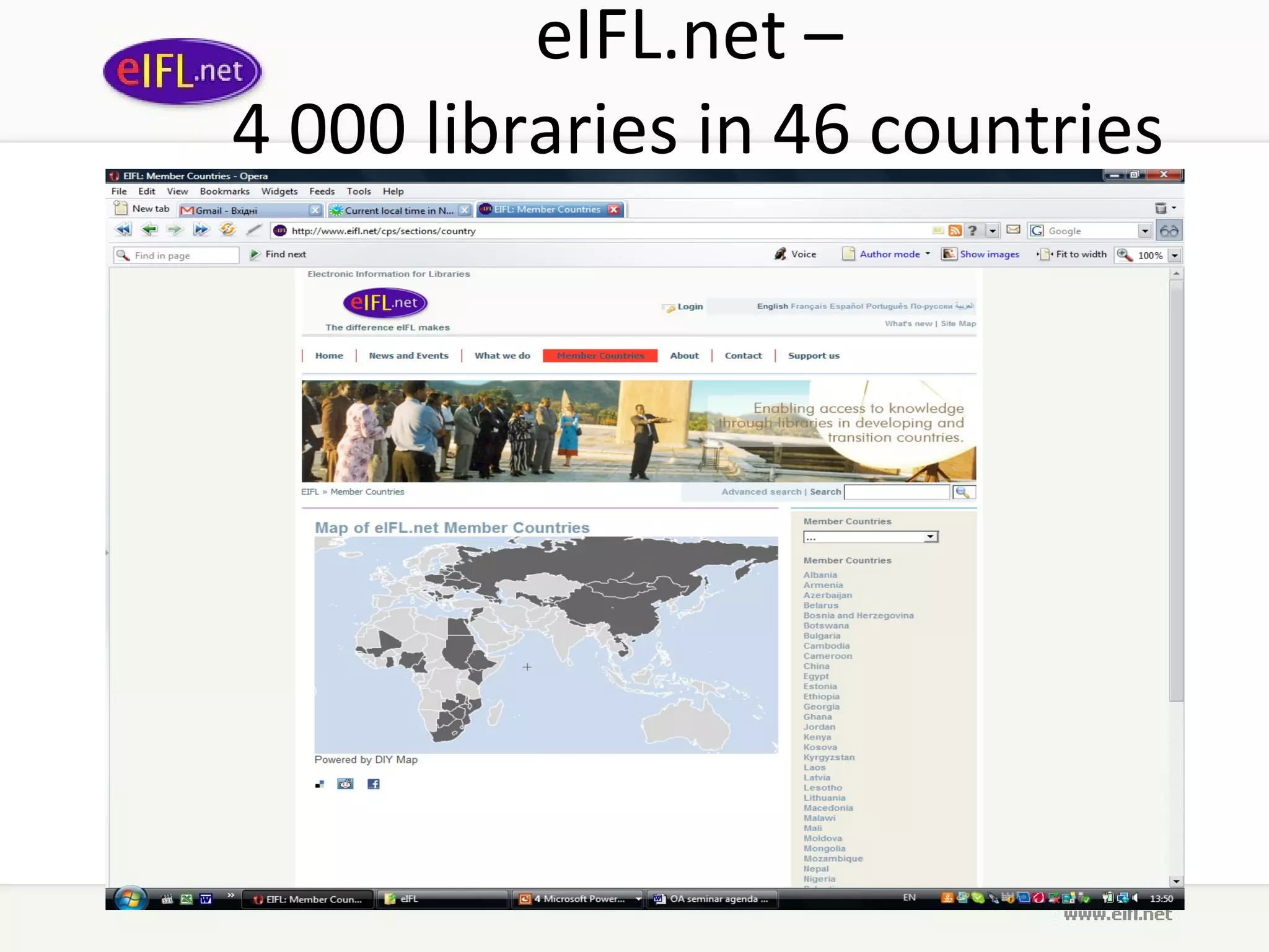 eIFL.net  –  4 0 00  libraries in  46  countries 