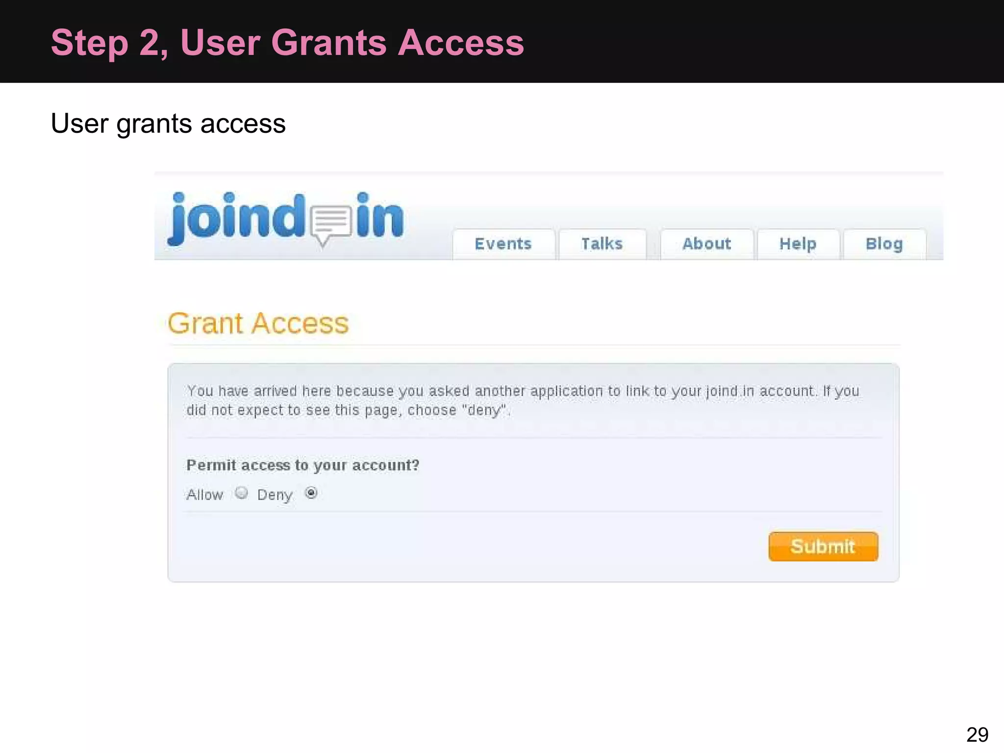 Step 2, User Grants Access User grants access 29 