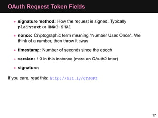 OAuth Request Token Fields

  • signature method: How the request is signed. Typically
    plaintext or HMAC-SHA1

  • non...