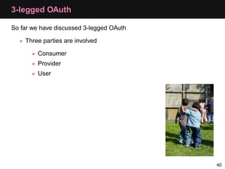 3-legged OAuth

So far we have discussed 3-legged OAuth

  • Three parties are involved

       • Consumer
       • Provid...
