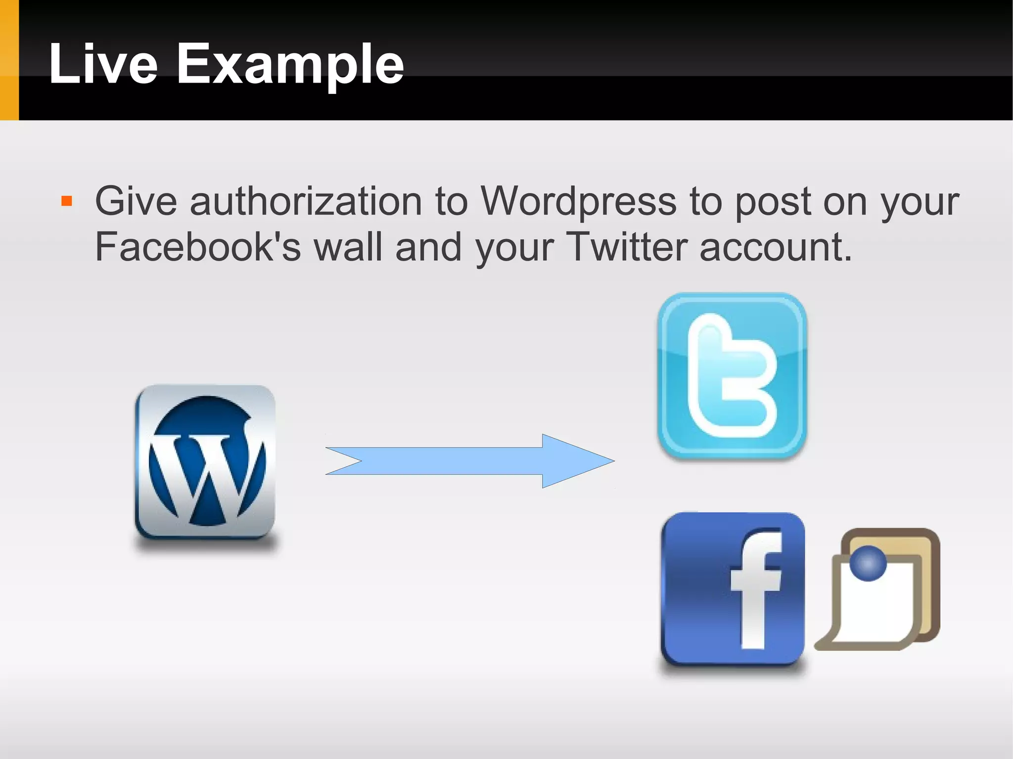 Live Example

   Give authorization to Wordpress to post on your
    Facebook's wall and your Twitter account.
 