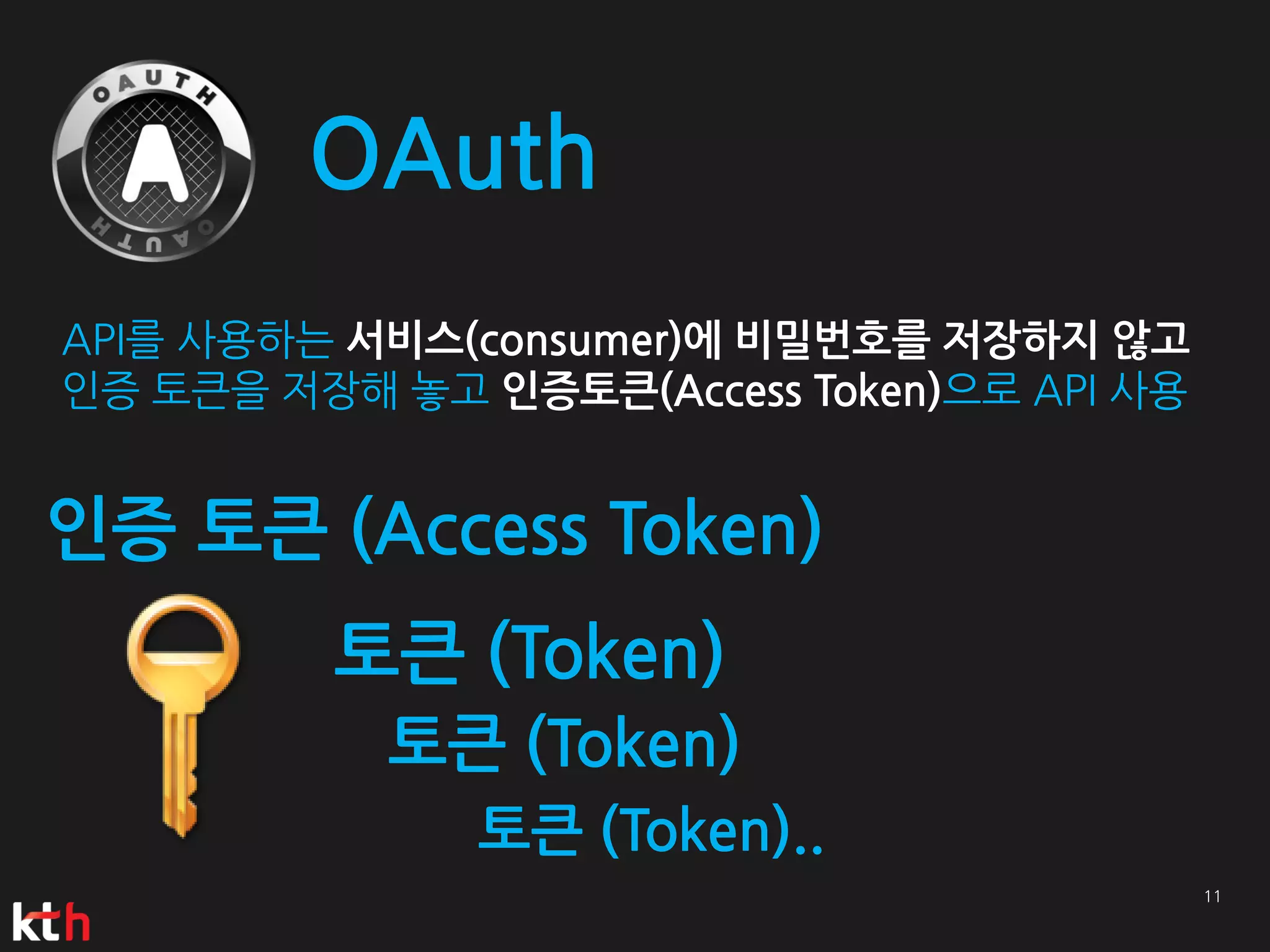 OAuth
API를 사용하는 서비스(consumer)에 비밀번호를 저장하지 않고
인증 토큰을 저장해 놓고 인증토큰(Access Token)으로 API 사용


인증 토큰 (Access Token)
         토큰 (Token)
           토큰 (Token)
               토큰 (Token)..
 