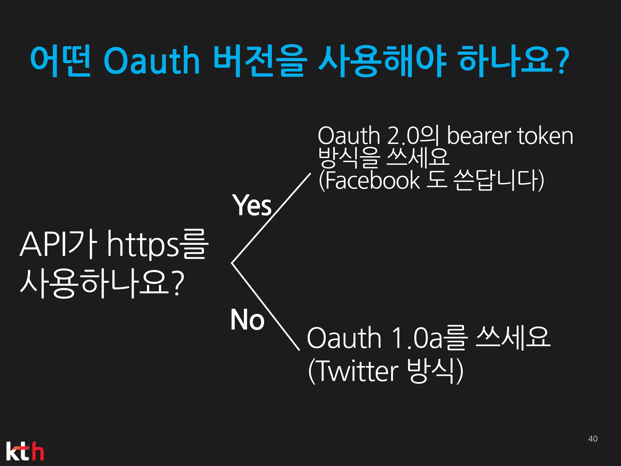 어떤 Oauth 버전을 사용해야 하나요?

                    Oauth 2.0의 bearer token
                    방식을 쓰세요
                    (Facebook 도 쓴답니다)
              Yes
API가 https를
사용하나요?
              No
                    Oauth 1.0a를 쓰세요
                    (Twitter 방식)
 