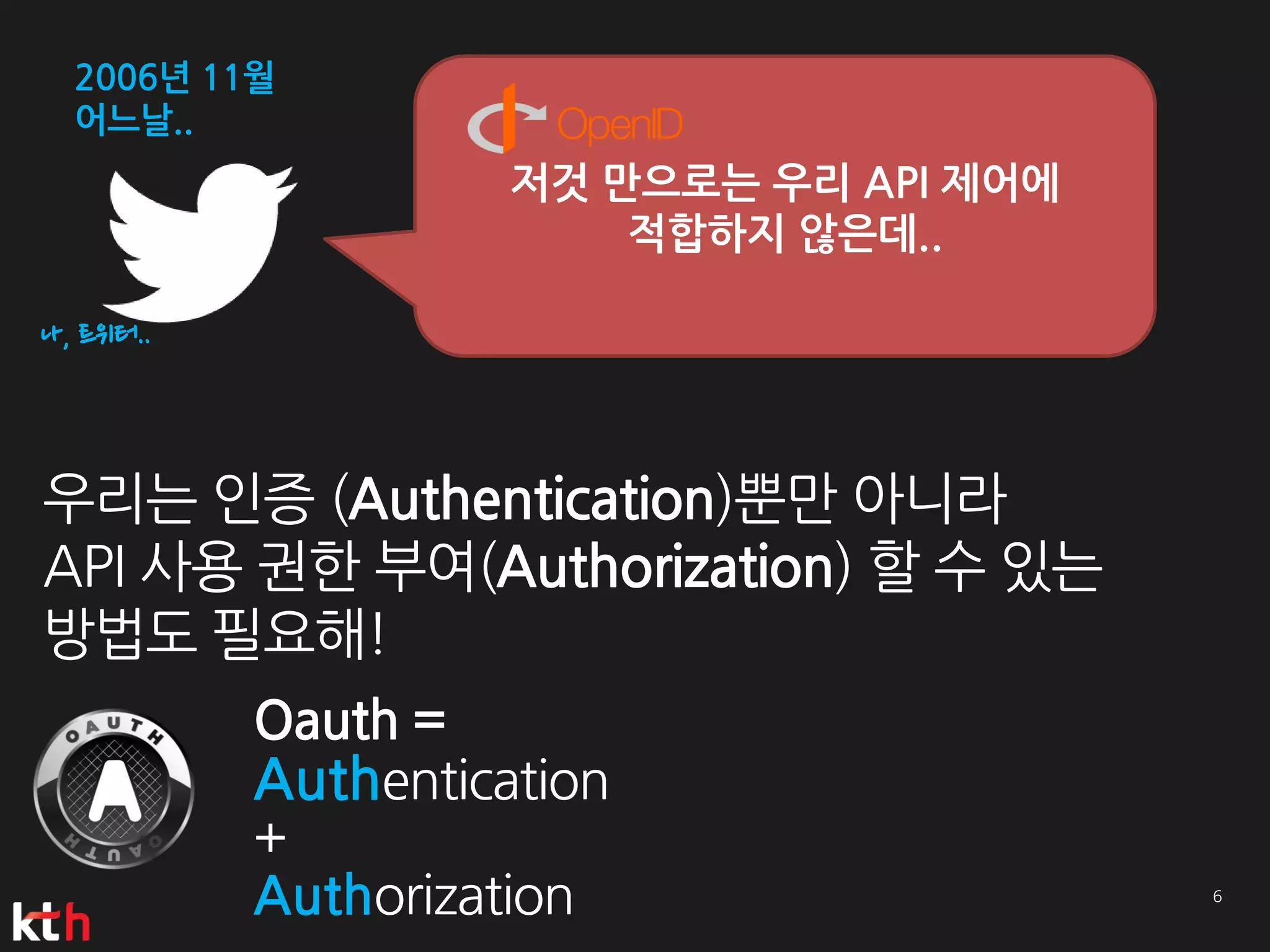 2006년 11월
  어느날..
                     저것 만으로는 우리 API 제어에
                         적합하지 않은데..

나, 트위터..



우리는 인증 (Authentication)뿐만 아니라
API 사용 권한 부여(Authorization) 할 수 있는
방법도 필요해!
           Oauth =
           Authentication
           +
           Authorization
 