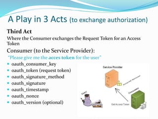 A Play in 3 Acts (to exchange authorization)
Third Act
Where the Consumer exchanges the Request Token for an Access
Token
Consumer (to the Service Provider):
“Please give me the acces token for the user”
 oauth_consumer_key
 oauth_token (request token)
 oauth_signature_method
 oauth_signature
 oauth_timestamp
 oauth_nonce
 oauth_version (optional)
 