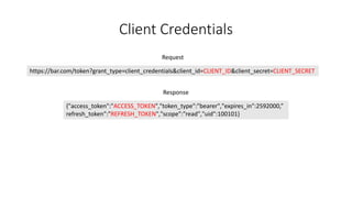 Client Credentials
{"access_token":"ACCESS_TOKEN","token_type":"bearer","expires_in":2592000,”
refresh_token":"REFRESH_TOKEN","scope":"read","uid":100101}
https://bar.com/token?grant_type=client_credentials&client_id=CLIENT_ID&client_secret=CLIENT_SECRET
Request
Response
 