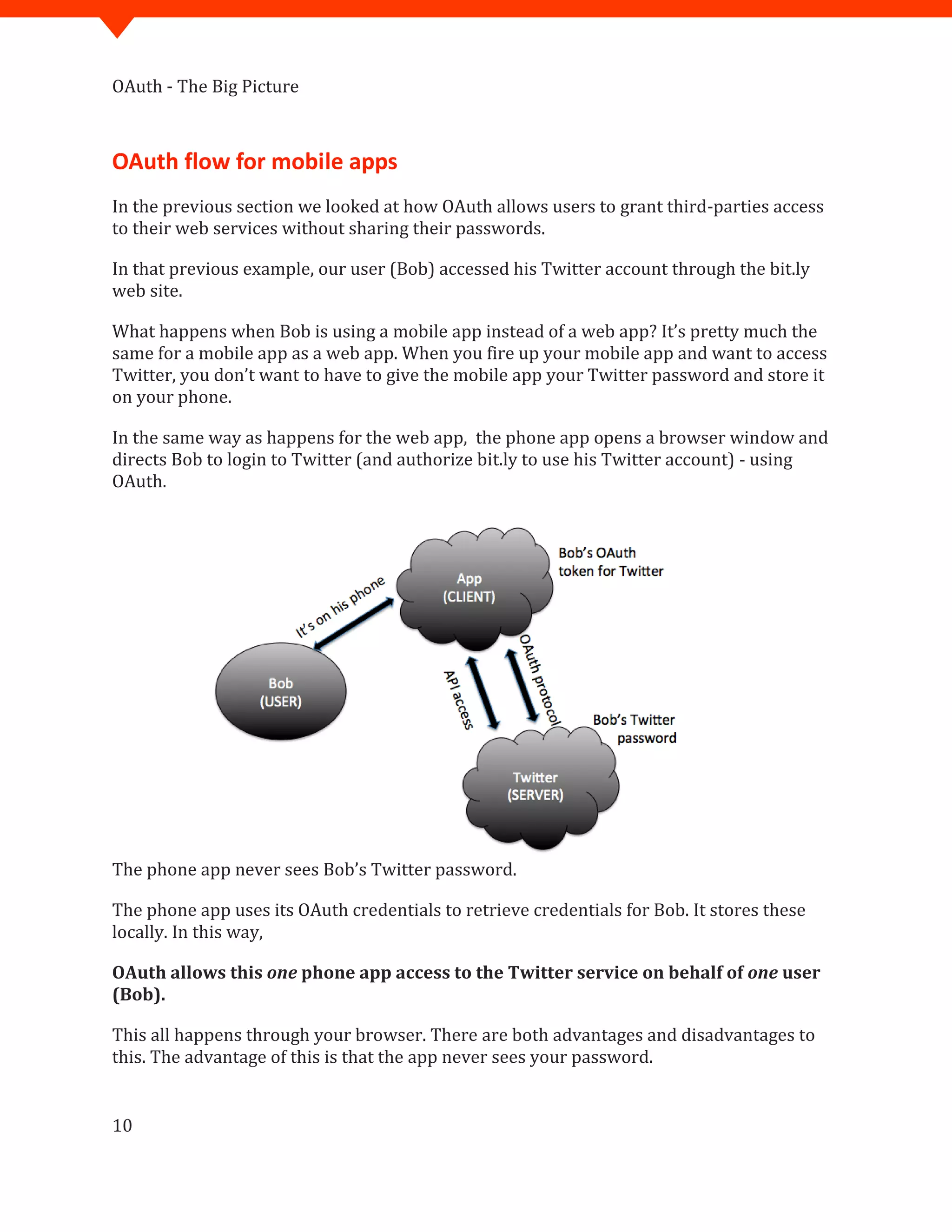 OAuth - The Big Picture
10
OAuth flow for mobile apps
In the previous section we looked at how OAuth allows users to grant third-parties access
to their web services without sharing their passwords.
In that previous example, our user (Bob) accessed his Twitter account through the bit.ly
web site.
What happens when Bob is using a mobile app instead of a web app? It’s pretty much the
same for a mobile app as a web app. When you fire up your mobile app and want to access
Twitter, you don’t want to have to give the mobile app your Twitter password and store it
on your phone.
In the same way as happens for the web app, the phone app opens a browser window and
directs Bob to login to Twitter (and authorize bit.ly to use his Twitter account) - using
OAuth.
The phone app never sees Bob’s Twitter password.
The phone app uses its OAuth credentials to retrieve credentials for Bob. It stores these
locally. In this way,
OAuth allows this one phone app access to the Twitter service on behalf of one user
(Bob).
This all happens through your browser. There are both advantages and disadvantages to
this. The advantage of this is that the app never sees your password.
 