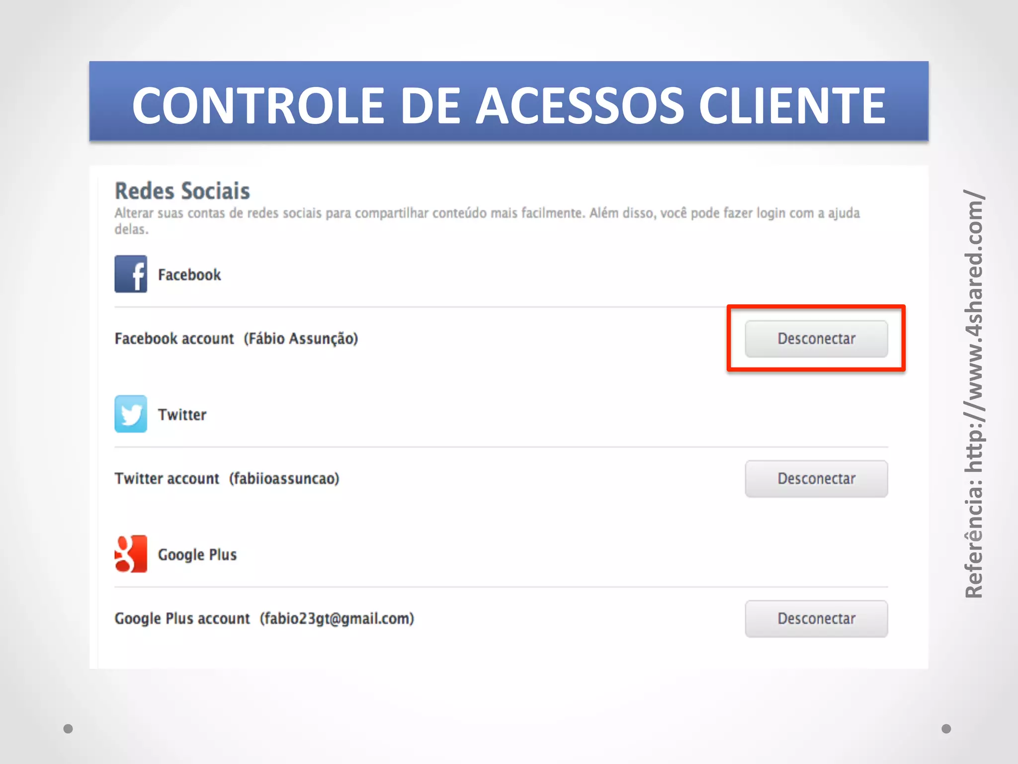 Referência: 
hJp://www.4shared.com/ 
CONTROLE 
DE 
ACESSOS 
CLIENTE 
 