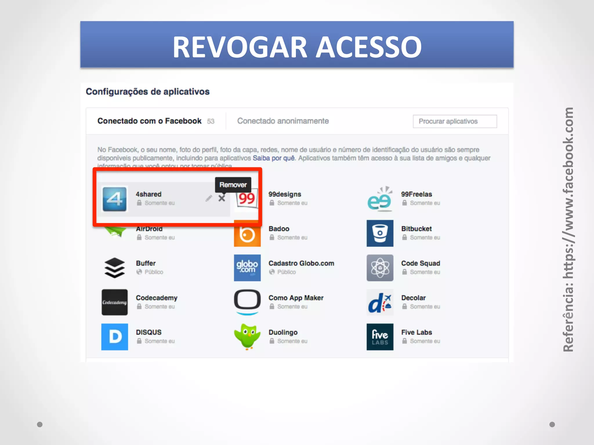 Referência: 
hJps://www.facebook.com 
REVOGAR 
ACESSO 
 