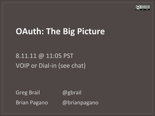 OAuth:	
  The	
  Big	
  Picture	
  

8.11.11	
  @	
  11:05	
  PST	
  
VOIP	
  or	
  Dial-­‐in	
  (see	
  chat)	
  


Greg	
  Brail 	
           	
  @gbrail	
  
Brian	
  Pagano            	
  @brianpagano	
  
 