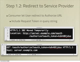 Step 1.2: Redirect to Service Provider

               • Consumer let User redirect to Authorize URL
                 • Include Request Token in query string




2010   9   2
 