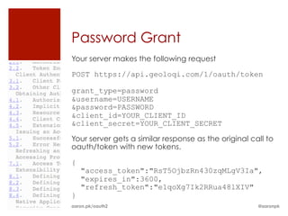 Password Grant
Your server makes the following request

POST https://api.geoloqi.com/1/oauth/token

grant_type=password
&u...