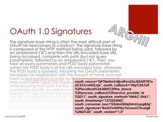 OAuth 1.0 Signatures
   The signature base string is often the most difficult part of
   OAuth for newcomers to construct....