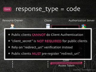 Core      response_type = code
Resource Owner                   Client             Authorization Server


                  Initiate              client_id=...&
                                        response_type=code&
        Public clients CANNOT do
             Require Approval         Client Authentication
                                        redirect_uri=https://...


        “client_secret” is NOT REQUIRED for public clients
                 Approve
                                     code=...&
        Rely on “redirect_uri” veriﬁcation instead
                                     client_id=...&
                                     client_secret=...&
                                              Code
        Public clients MUST pre-register “redirect_uri”
                                     redirect_uri=https://...

                                                Code
                                            Access Token
                                                       OpenID TechNight #7
 