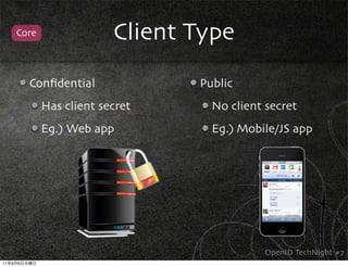 Core                Client Type
             Conﬁdential            Public
                Has client secret     No client secret
                Eg.) Web app          Eg.) Mobile/JS app




                                               OpenID TechNight #7
11   9   8
 