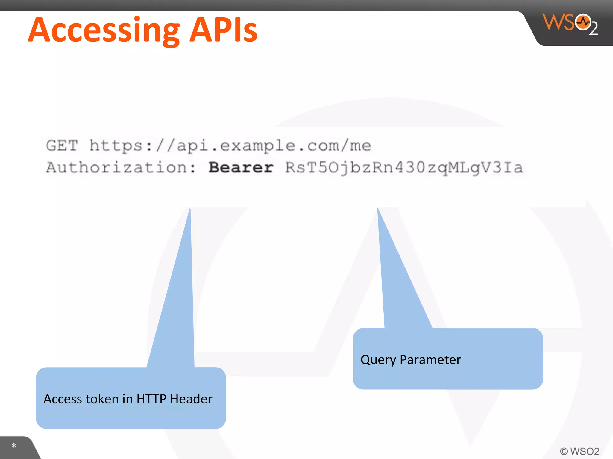 Accessing	
  APIs	
  

Query	
  Parameter	
  
Access	
  token	
  in	
  HTTP	
  Header	
  
*	
  

 