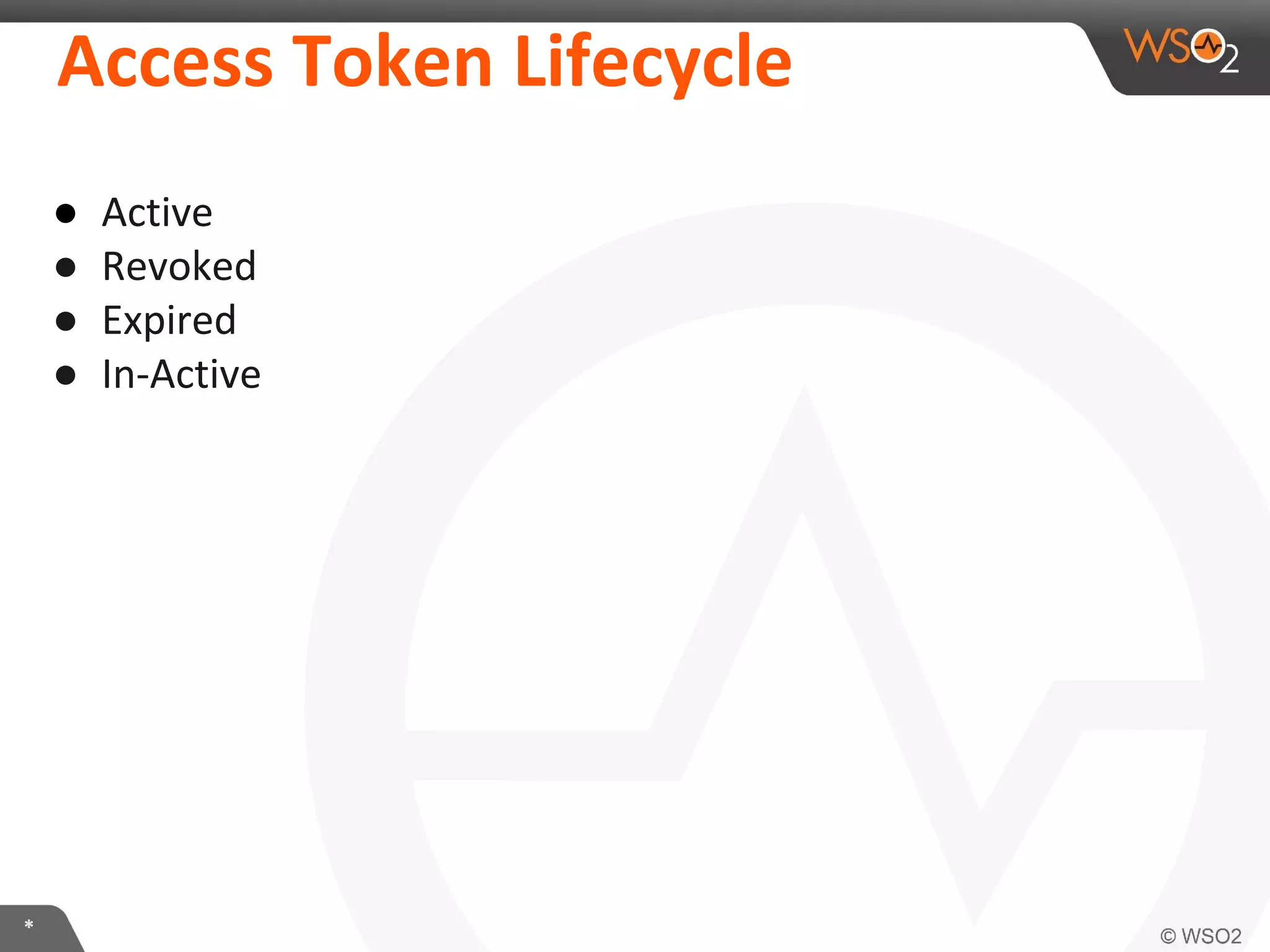 Access	
  Token	
  Lifecycle	
  
●  AcIve	
  
●  Revoked	
  
●  Expired	
  
●  In-­‐AcIve	
  

*	
  

 